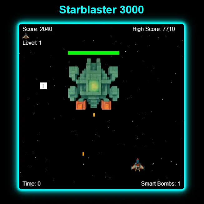 A screenshot from the Starblaster 3000 game showing the end of level boss